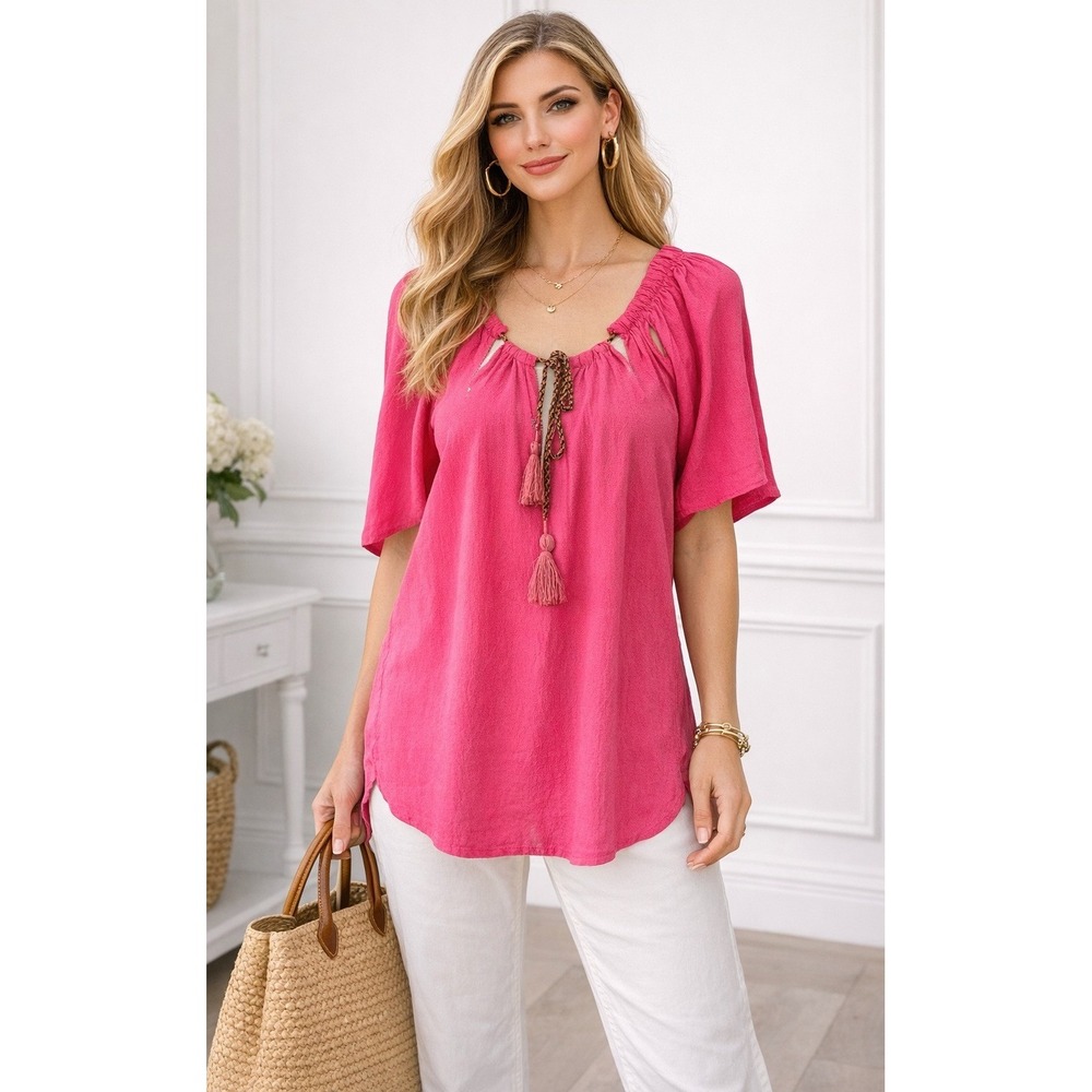 Comptoir des Cotonniers Blouse Womens Medium‎ Pink Tassel Boho Cut Out Top Retro